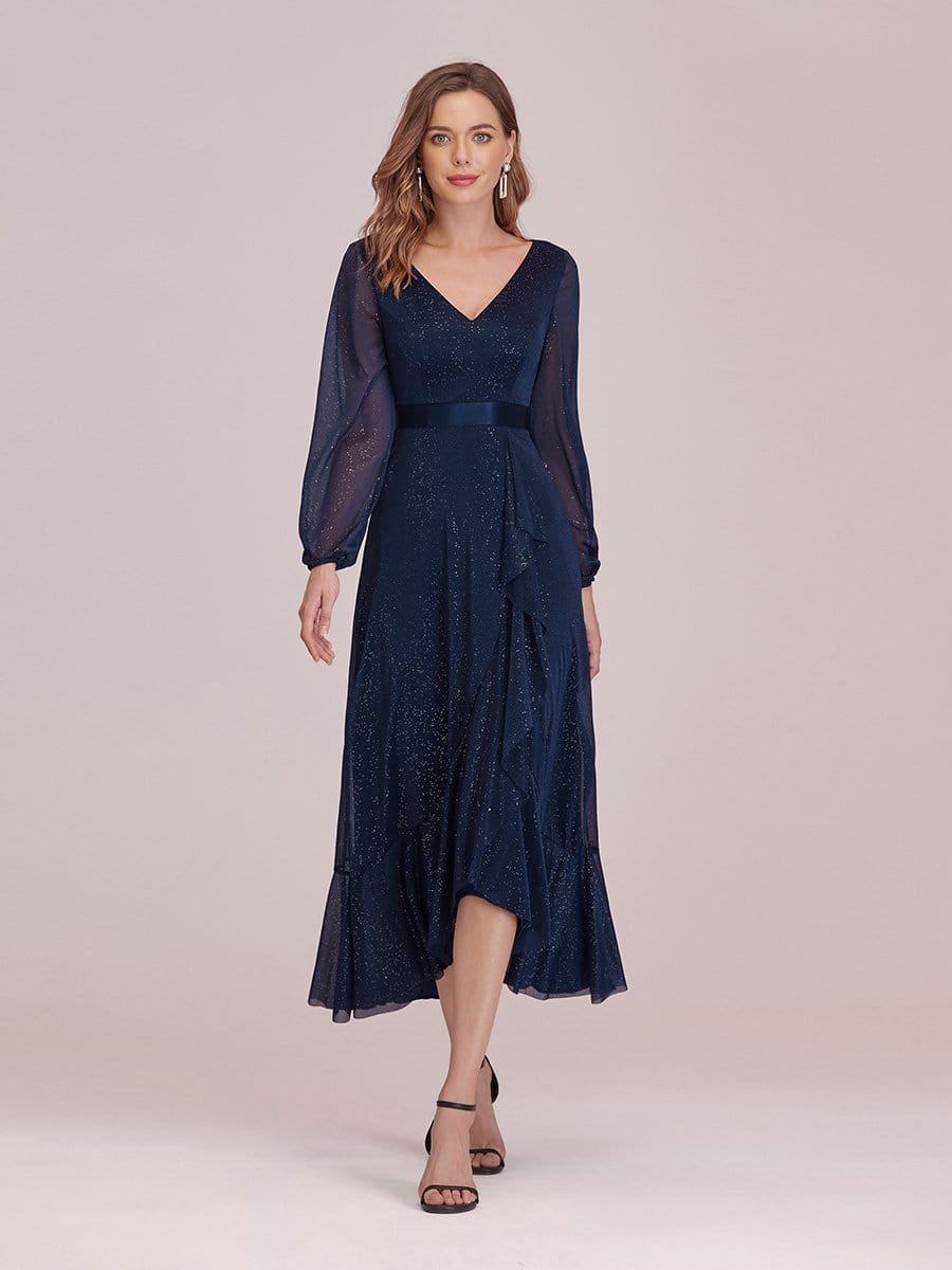 Color=Navy Blue | Women'S Simple V Neck Midi-Length Casual Dress With Long Sleeves-Navy Blue 1