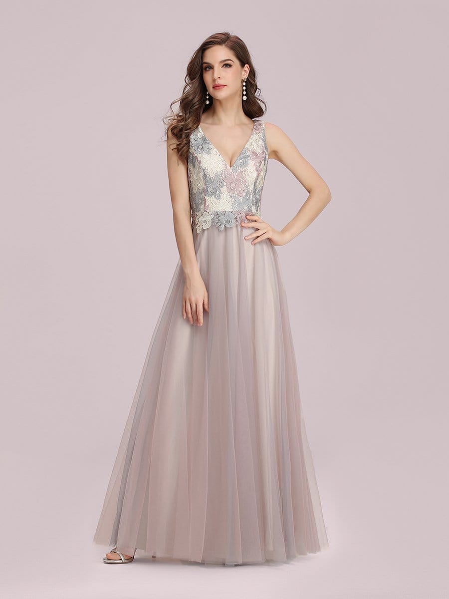 Color=Pink | Adorable V Neck A-Line Tulle Formal Dresses For Bridesmaid-Pink 3