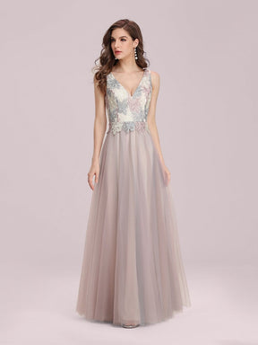 Color=Pink | Adorable V Neck A-Line Tulle Formal Dresses For Bridesmaid-Pink 4