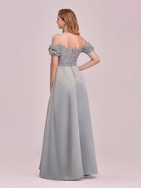 Color=Grey | Sweet High-Low Satin & Sequin Prom Dress With Spaghetti Straps-Grey 2