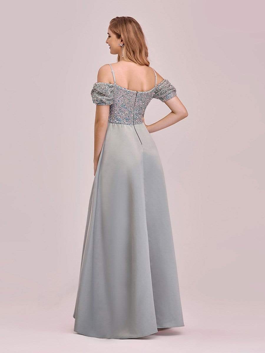 Color=Grey | Sweet High-Low Satin & Sequin Prom Dress With Spaghetti Straps-Grey 2