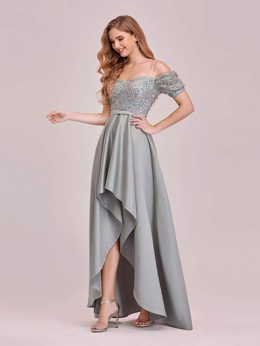 Color=Grey | Sweet High-Low Satin & Sequin Prom Dress With Spaghetti Straps-Grey 3