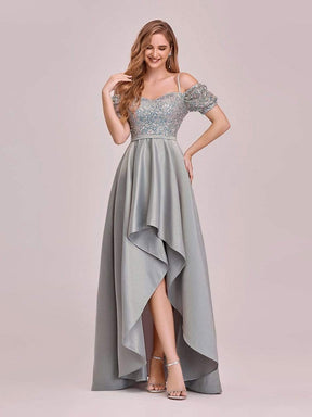 Color=Grey | Sweet High-Low Satin & Sequin Prom Dress With Spaghetti Straps-Grey 1