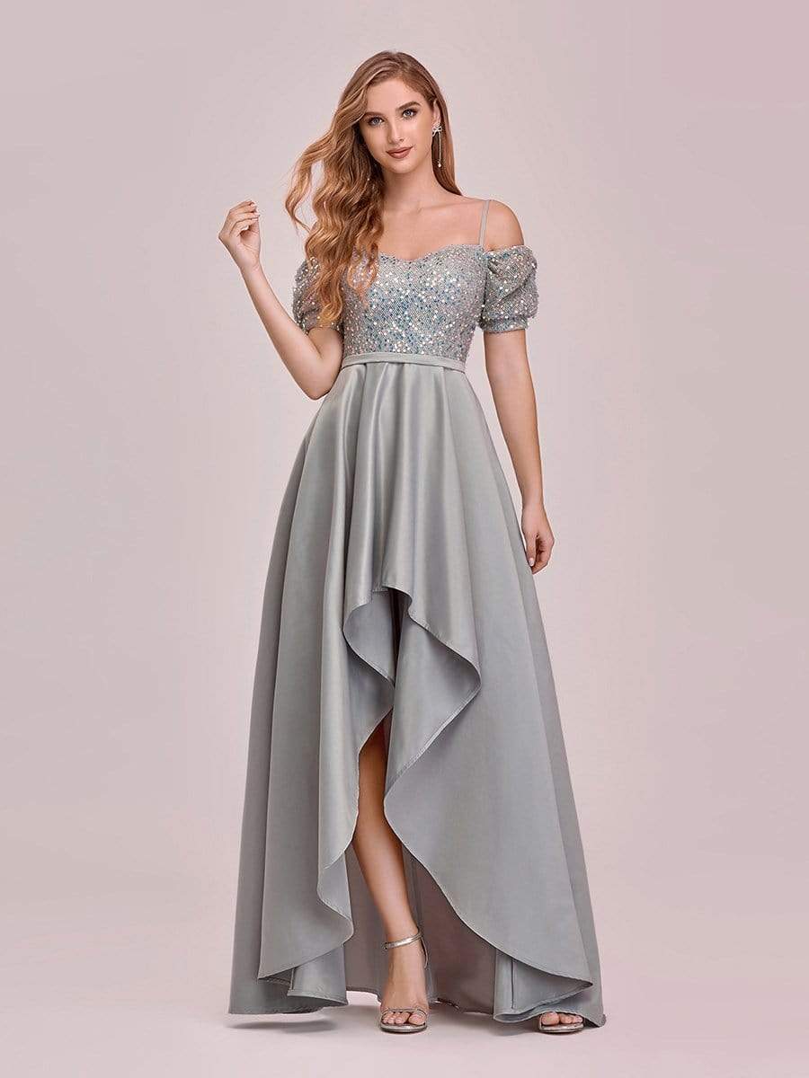 Color=Grey | Sweet High-Low Satin & Sequin Prom Dress With Spaghetti Straps-Grey 4