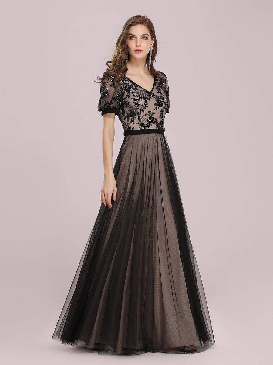 Color=Black | Fashion Constract Color Tulle & Lace Evening Dress-Black 4