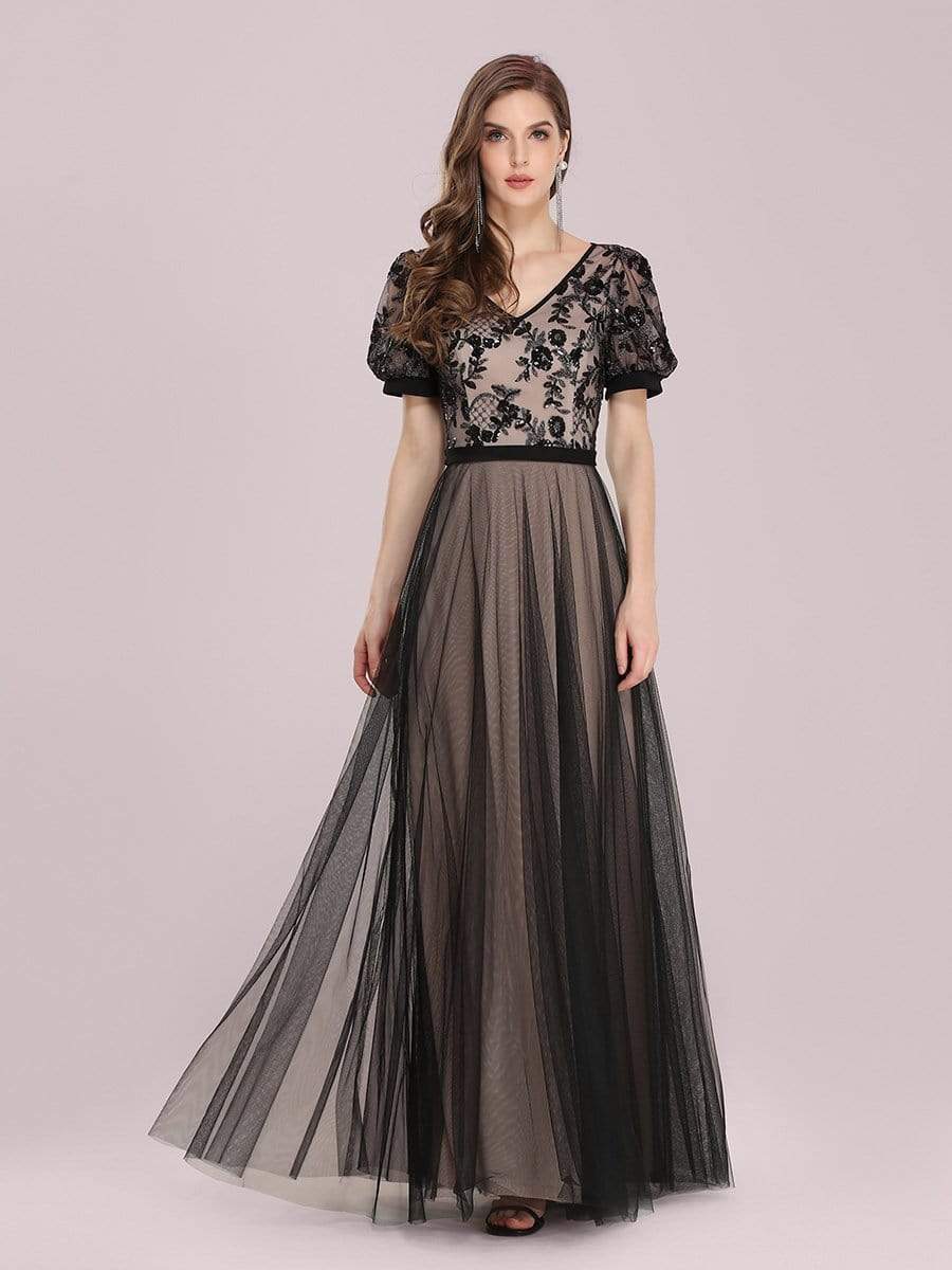 Color=Black | Fashion Constract Color Tulle & Lace Evening Dress-Black 1