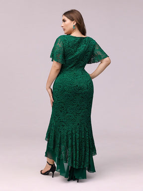 Color=Dark Green | Dainty V Neck Mermaid Tea Length Plus Size Party Dresses-Dark Green 2