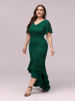 Color=Dark Green | Dainty V Neck Mermaid Tea Length Plus Size Party Dresses-Dark Green 3