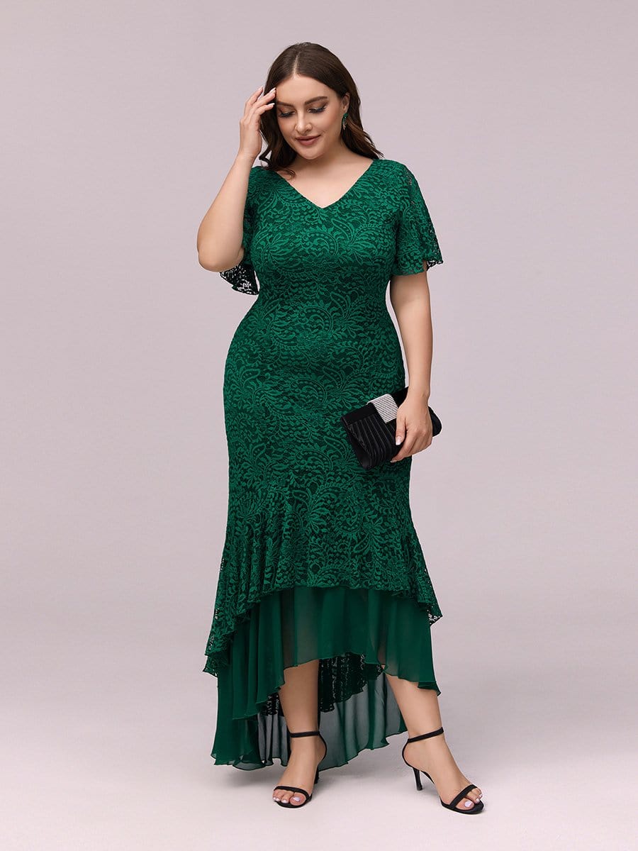 Color=Dark Green | Dainty V Neck Mermaid Tea Length Plus Size Party Dresses-Dark Green 4