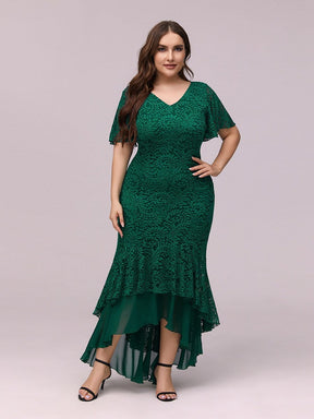 Color=Dark Green | Dainty V Neck Mermaid Tea Length Plus Size Party Dresses-Dark Green 1