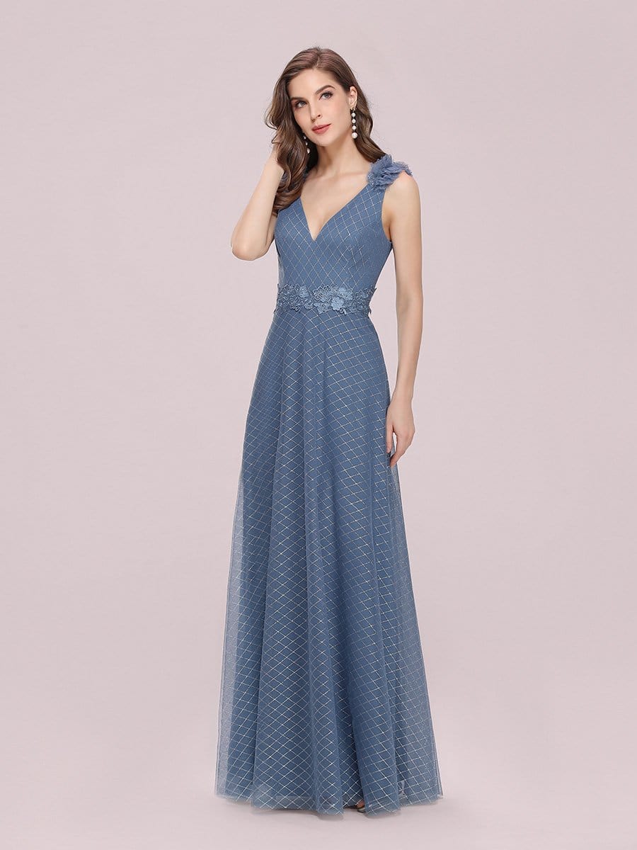 Color=Dusty Navy | Romantic Diamond Stamping V Neck Tulle Prom Dress With Appliques-Dusty Navy 3