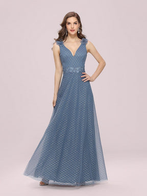 Color=Dusty Navy | Romantic Diamond Stamping V Neck Tulle Prom Dress With Appliques-Dusty Navy 1
