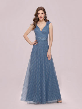 Color=Dusty Navy | Romantic Diamond Stamping V Neck Tulle Prom Dress With Appliques-Dusty Navy 4