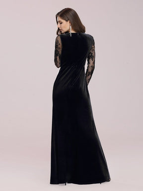Color=Black | Elegant V Neck Sheath Evening Dress With Long Lace Sleeves-Black 2
