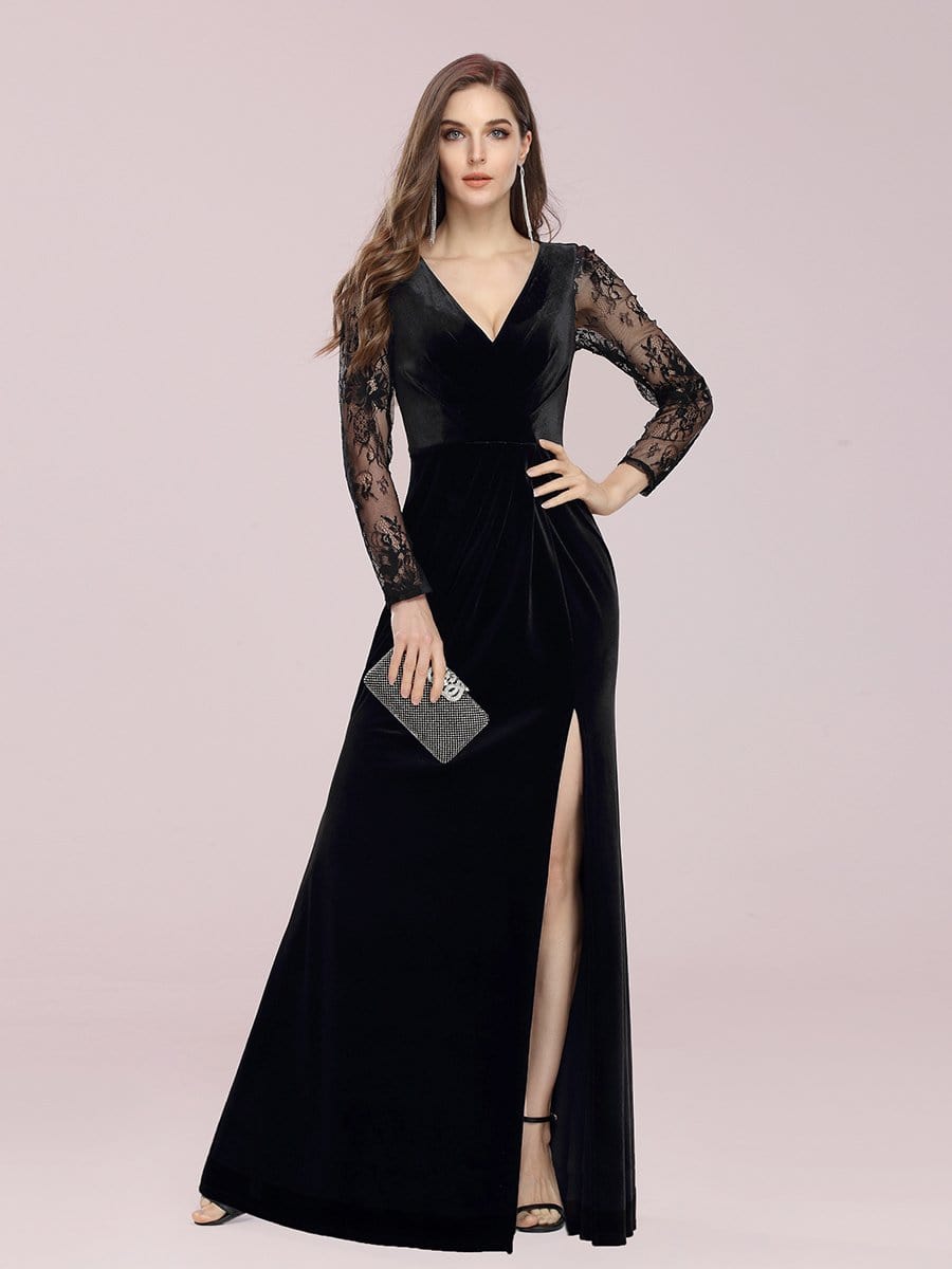 Color=Black | Elegant V Neck Sheath Evening Dress With Long Lace Sleeves-Black 4