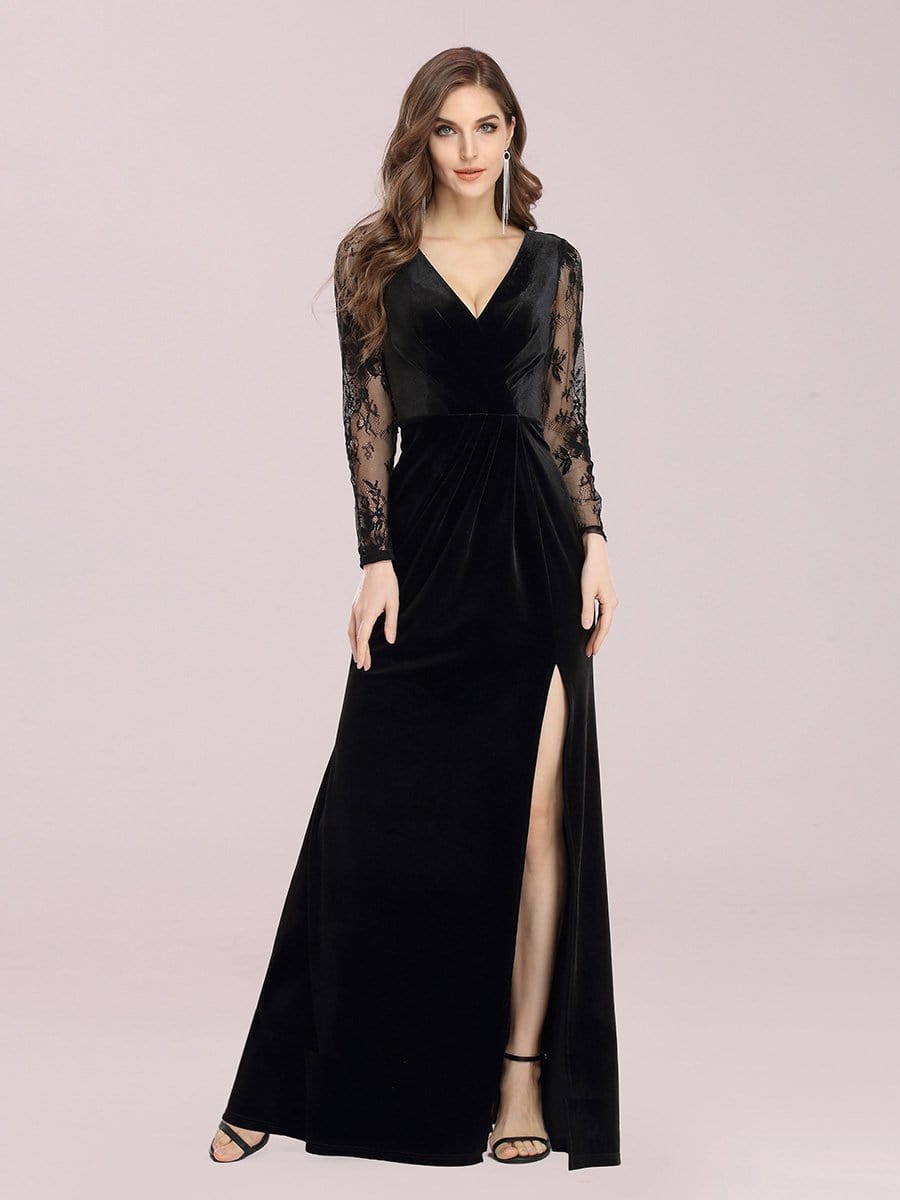 Color=Black | Elegant V Neck Sheath Evening Dress With Long Lace Sleeves-Black 1