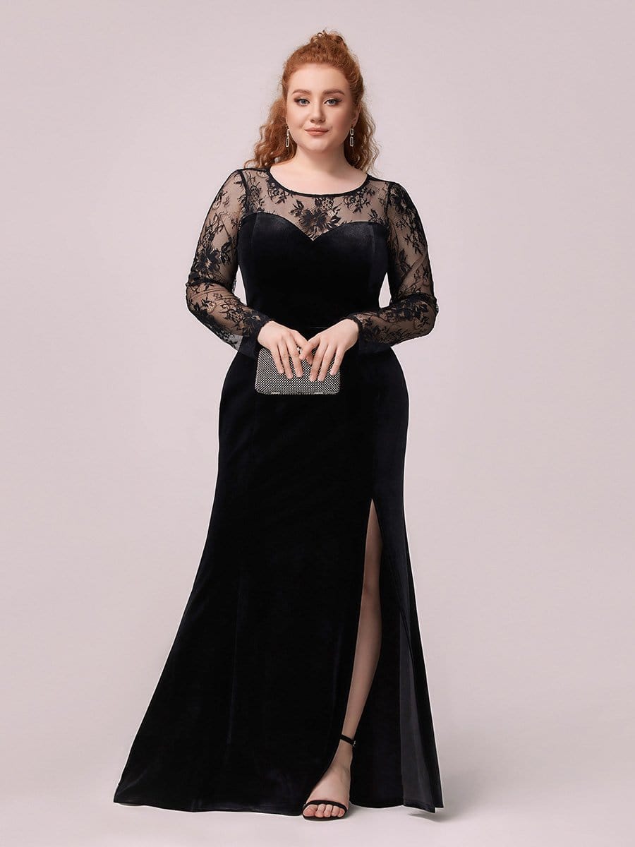 Color=Black | Sexy Lace Neckline Maxi Velvet Evening Dress With Side Split-Black 4