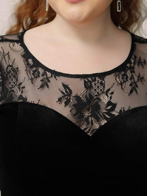 Color=Black | Trendy Plus Size Side Split Velvet& Lace Evening Dress-Black 5