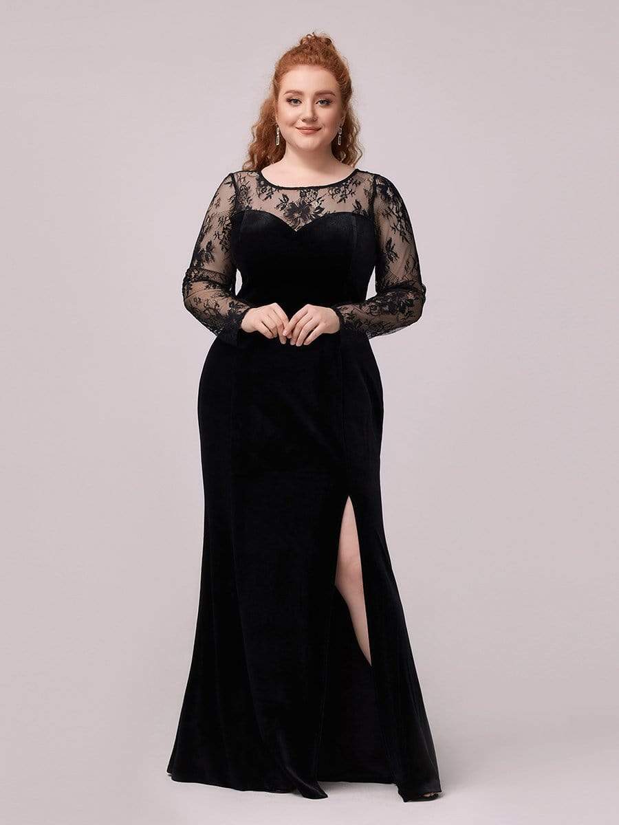 Color=Black | Trendy Plus Size Side Split Velvet& Lace Evening Dress-Black 1