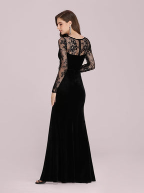 Color=Black | Sexy Lace Neckline Maxi Velvet Evening Dress With Side Split-Black 2