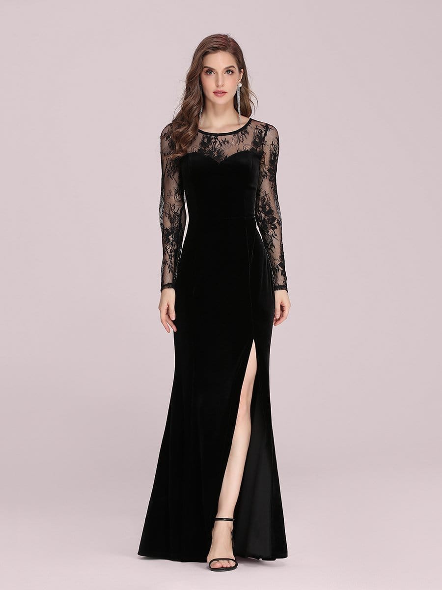 Color=Black | Sexy Lace Neckline Maxi Velvet Evening Dress With Side Split-Black 1