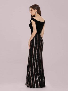 Color=Black | Women'S Hot Off Shoulder Fishtail Sequin Evening Dress-Black 2
