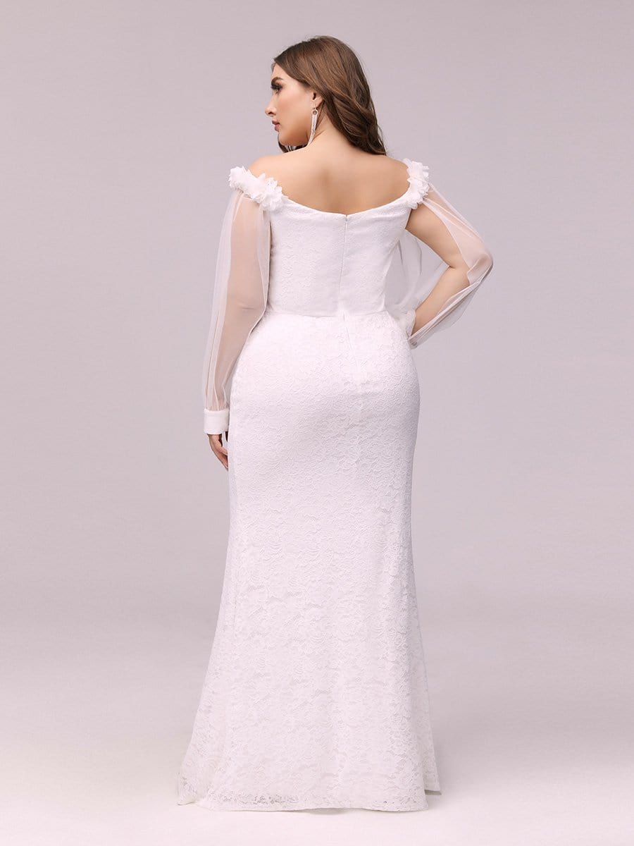 Color=Cream | Dainty Fishtail Lace Plus Size Wedding Dress With See-Through Sleeves-Cream 2