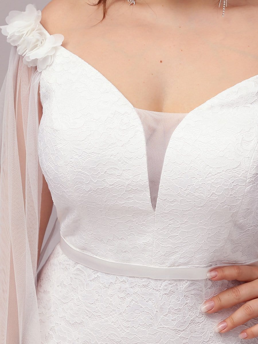 Color=Cream | Dainty Fishtail Lace Plus Size Wedding Dress With See-Through Sleeves-Cream 5