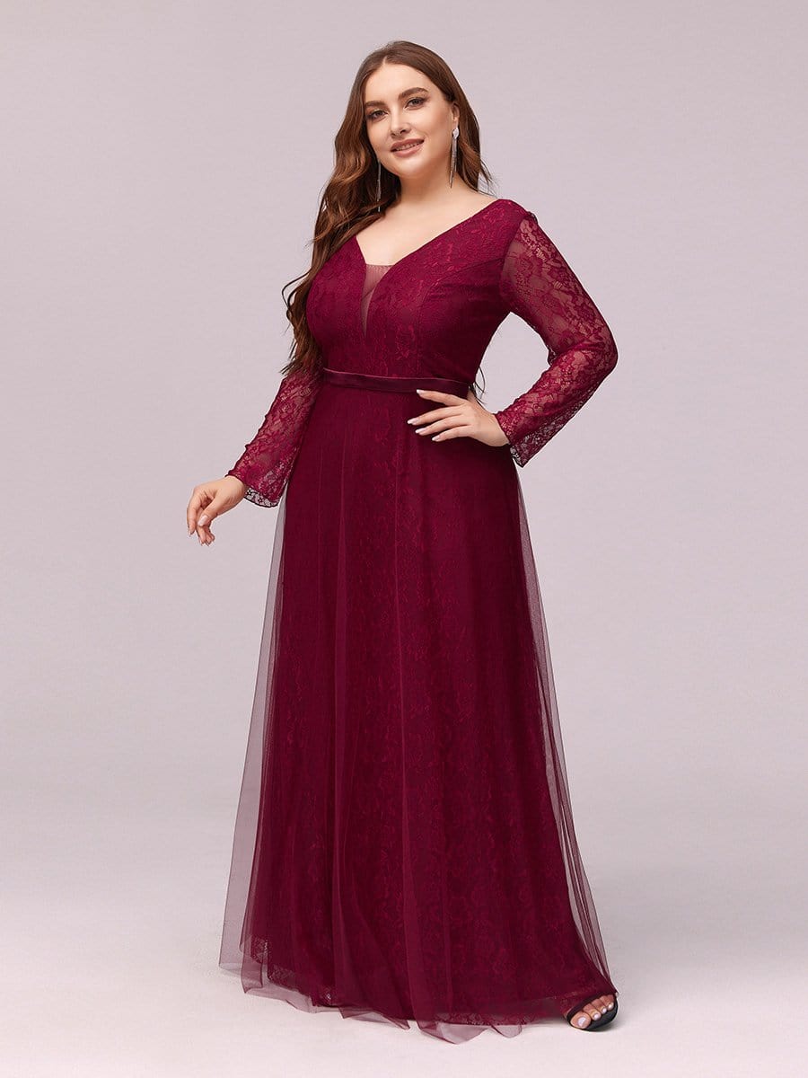 Color=Burgundy | Elegant Maxi Tulle & Lace Evening Dress For Mother Of The Bride-Burgundy 3