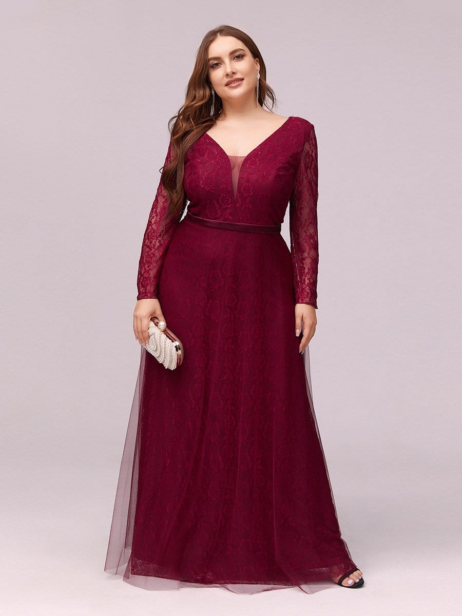 Color=Burgundy | Elegant Maxi Tulle & Lace Evening Dress For Mother Of The Bride-Burgundy 1