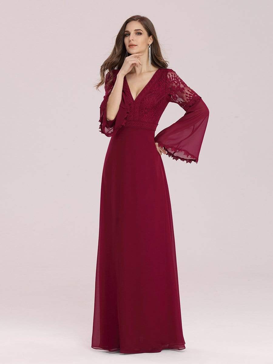 Color=Burgundy | Trendy V Neck A-Line Chiffon Bridesmaid Dress With Lace-Burgundy 1