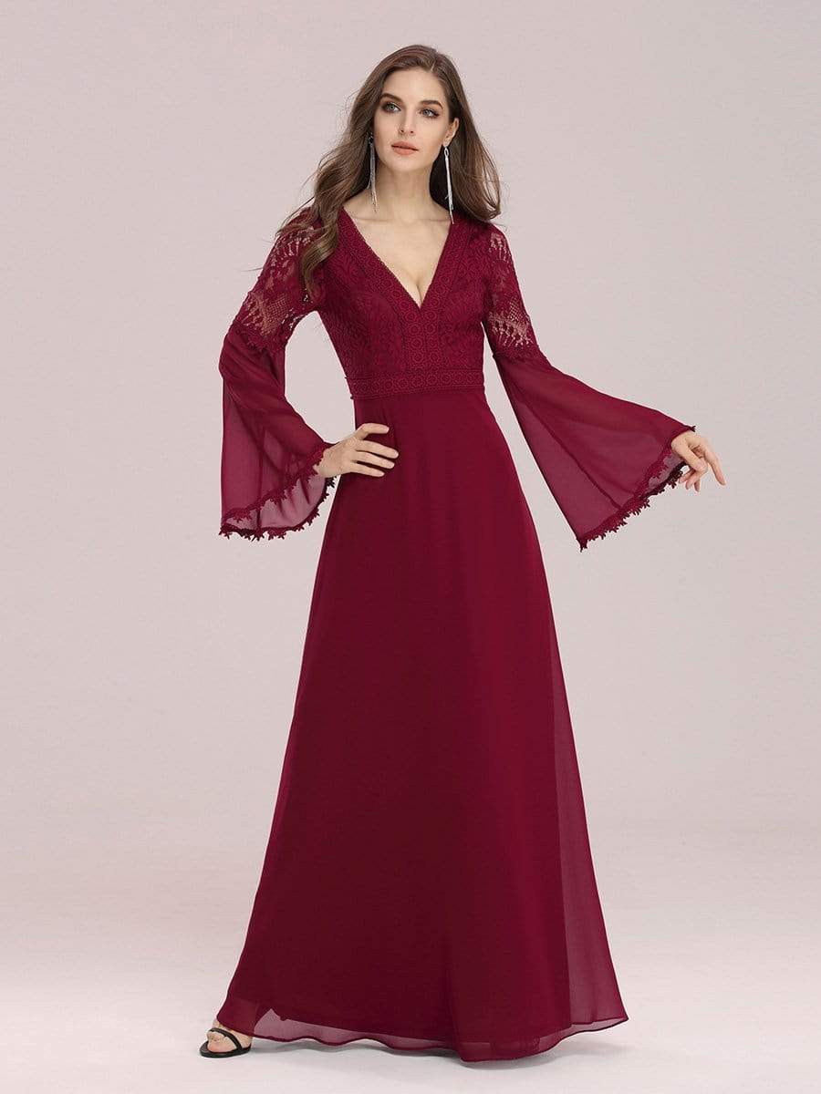 Color=Burgundy | Trendy V Neck A-Line Chiffon Bridesmaid Dress With Lace-Burgundy 4