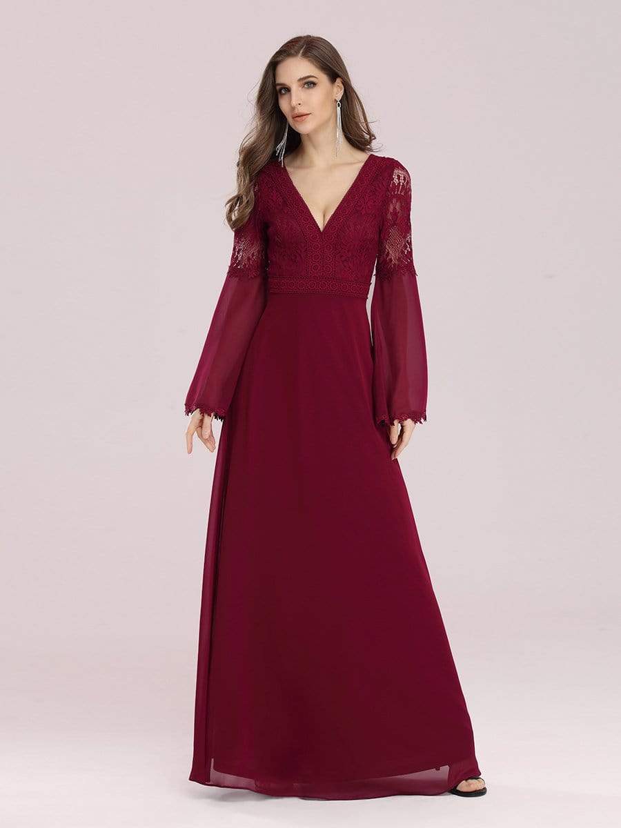 Color=Burgundy | Trendy V Neck A-Line Chiffon Bridesmaid Dress With Lace-Burgundy 2