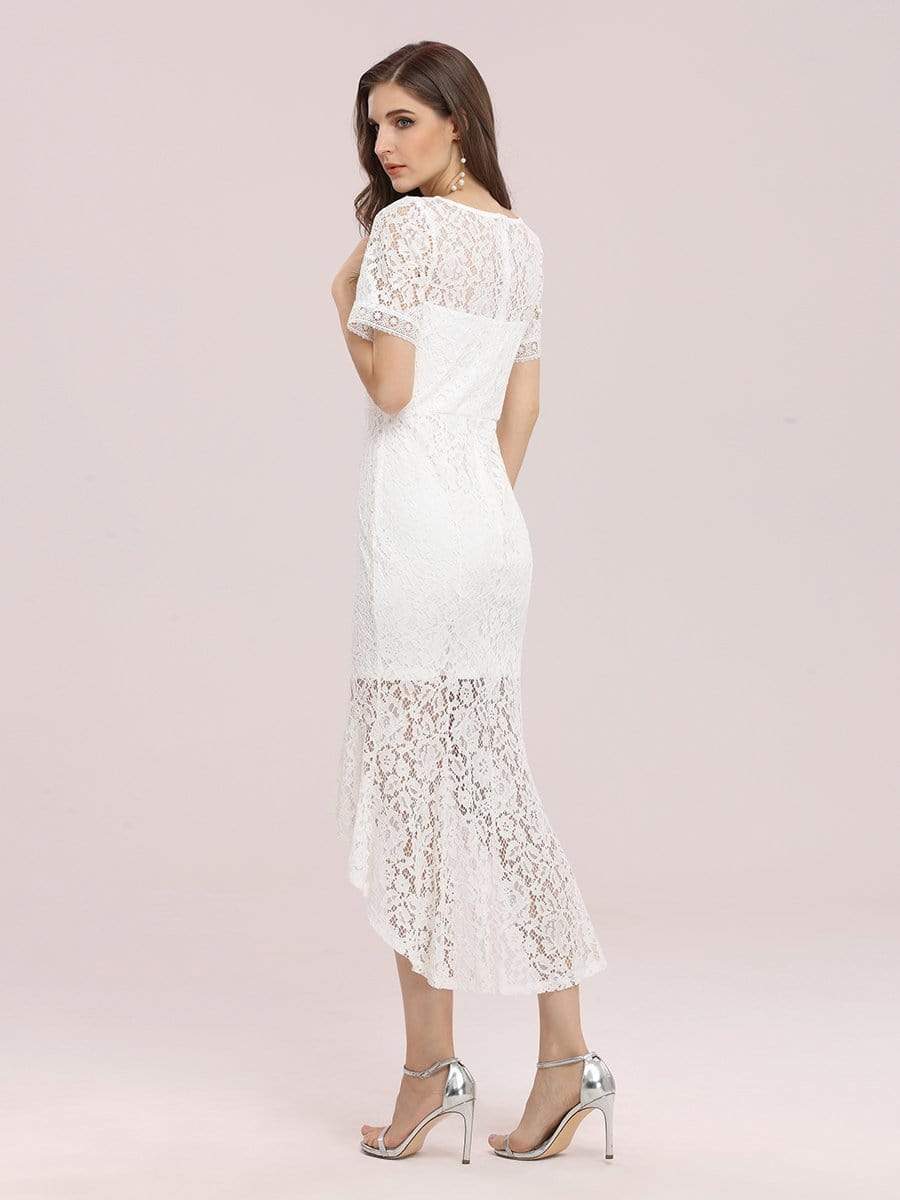 Color=Cream | Simple V Neck Fishtail Tea Length Lace Party Dress-Cream 2