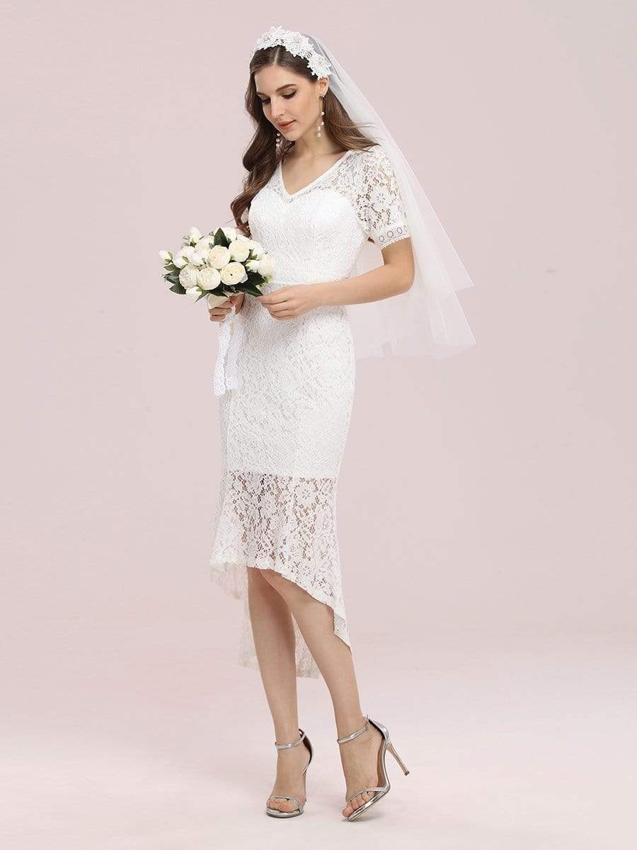 Color=Cream | Simple V Neck Fishtail Tea Length Lace Party Dress-Cream 4