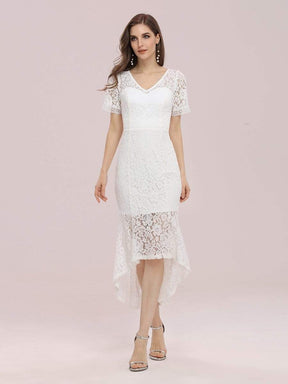 Color=Cream | Simple V Neck Fishtail Tea Length Lace Party Dress-Cream 1