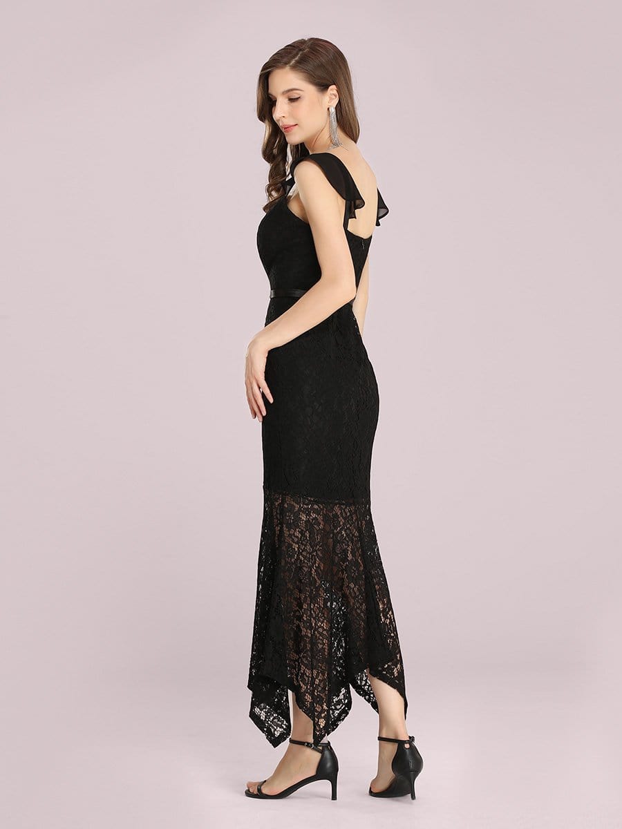 Color=Black | Elegant Casual Tea-Length Lace Bodycon Party Dress-Black 2