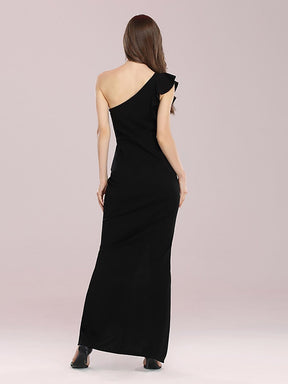 Color=Black | Hot One Shoulder Sheath Party Dress With Ruffles-Black 2