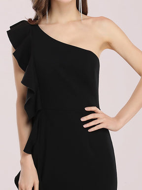 Color=Black | Hot One Shoulder Sheath Party Dress With Ruffles-Black 5