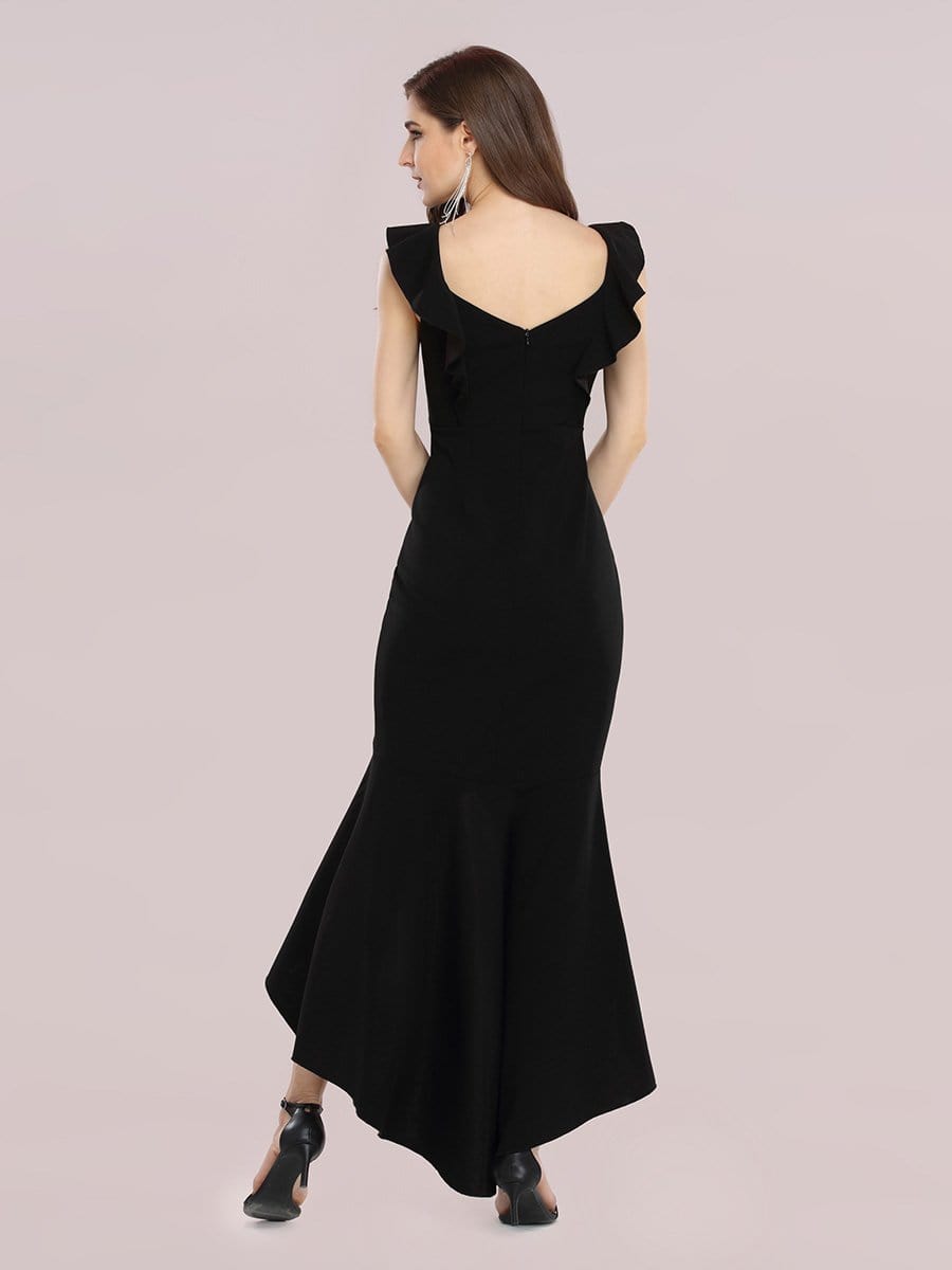 Color=Black | Stylish Maxi V Neck High-Low Fishtail Party Dress-Black 2
