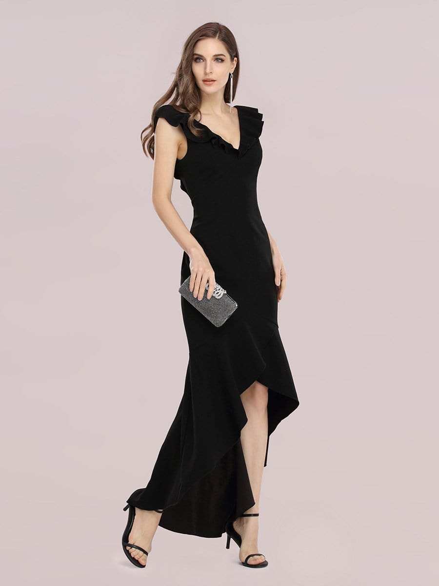 Color=Black | Stylish Maxi V Neck High-Low Fishtail Party Dress-Black 3