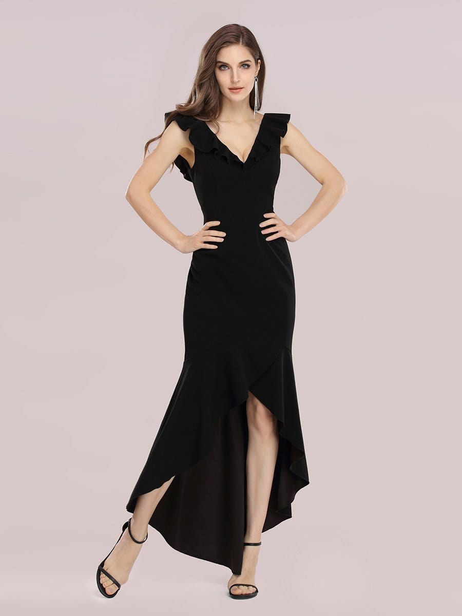 Color=Black | Stylish Maxi V Neck High-Low Fishtail Party Dress-Black 4