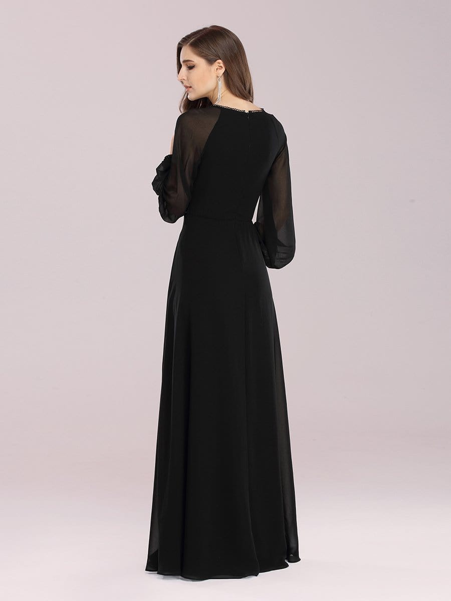 Color=Black | Simple A-Line Chiffon Evening Dress With Long Sleeves-Black 2