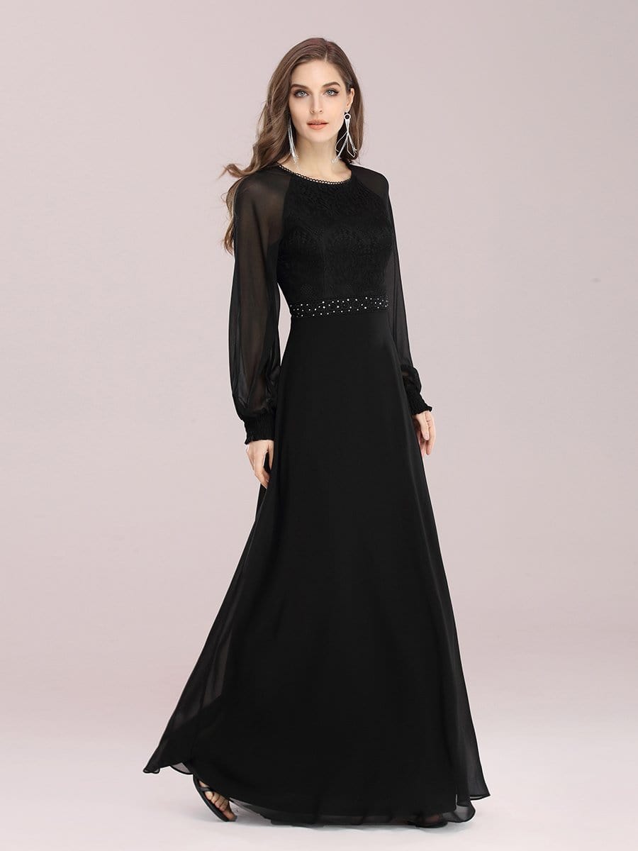 Color=Black | Simple A-Line Chiffon Evening Dress With Long Sleeves-Black 1