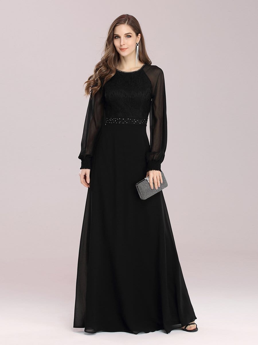 Color=Black | Simple A-Line Chiffon Evening Dress With Long Sleeves-Black 4