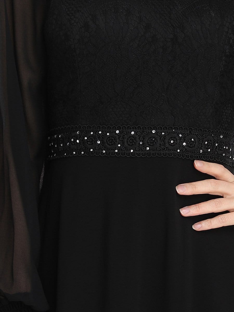 Color=Black | Simple A-Line Chiffon Evening Dress With Long Sleeves-Black 5