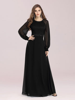 Color=Black | Simple A-Line Chiffon Evening Dress With Long Sleeves-Black 3