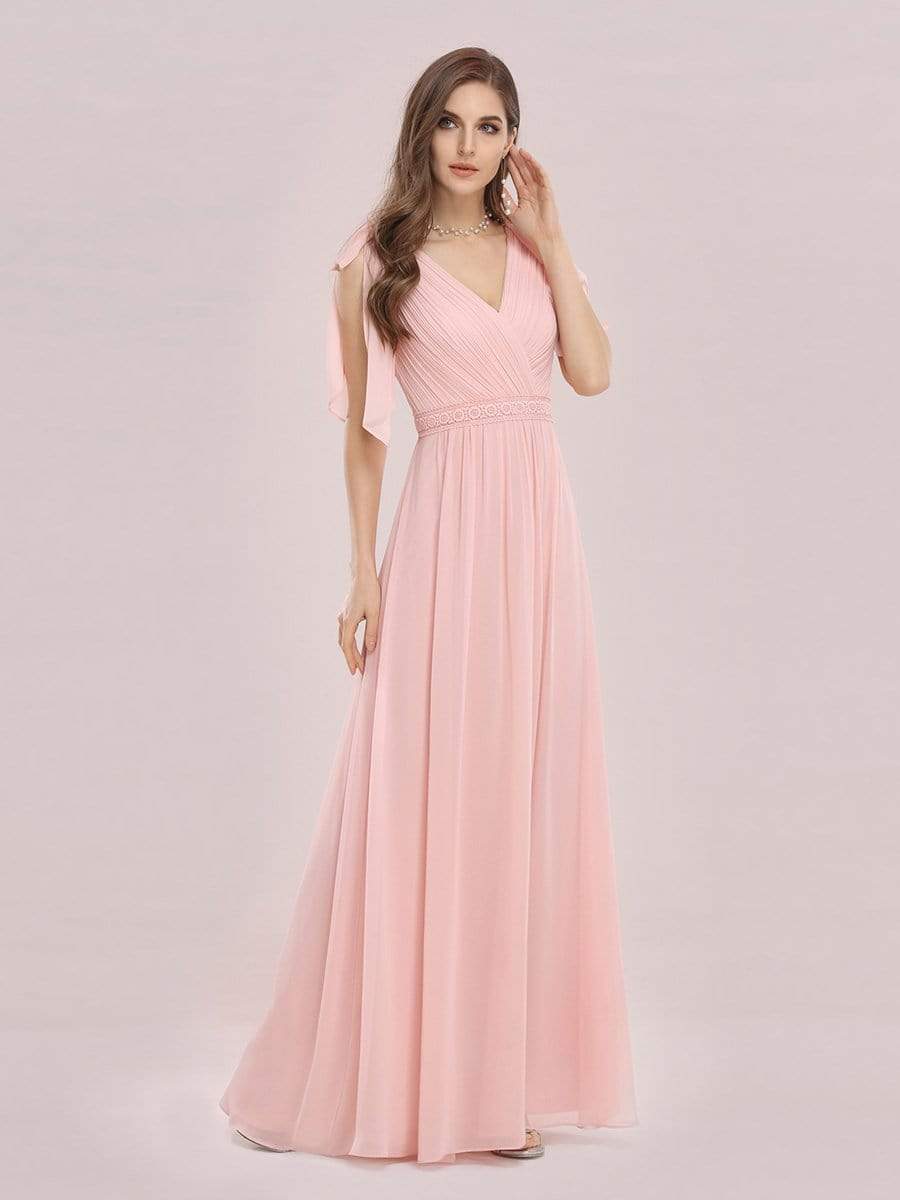 Color=Pink | Romantic Sleek V Neck High Waist Chiffon Bridesmaid Dress-Pink 3
