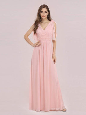 Color=Pink | Romantic Sleek V Neck High Waist Chiffon Bridesmaid Dress-Pink 4