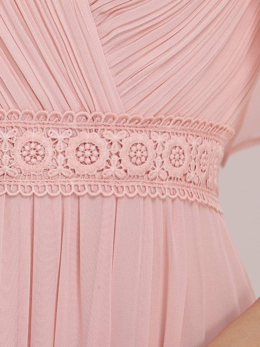 Color=Pink | Romantic Sleek V Neck High Waist Chiffon Bridesmaid Dress-Pink 5